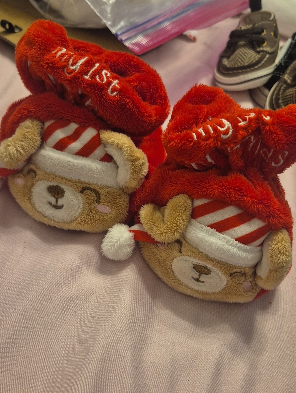 Plush Bear Holiday Slippers for Kids - Red